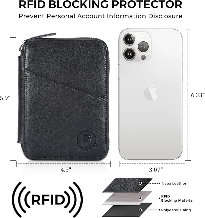 Polare Full Grain Leather Travel Passport Wallet RFID Blocking Passport Holder Soft Bifold Cover Case with YKK Zipper (Black with AirTag Slot)