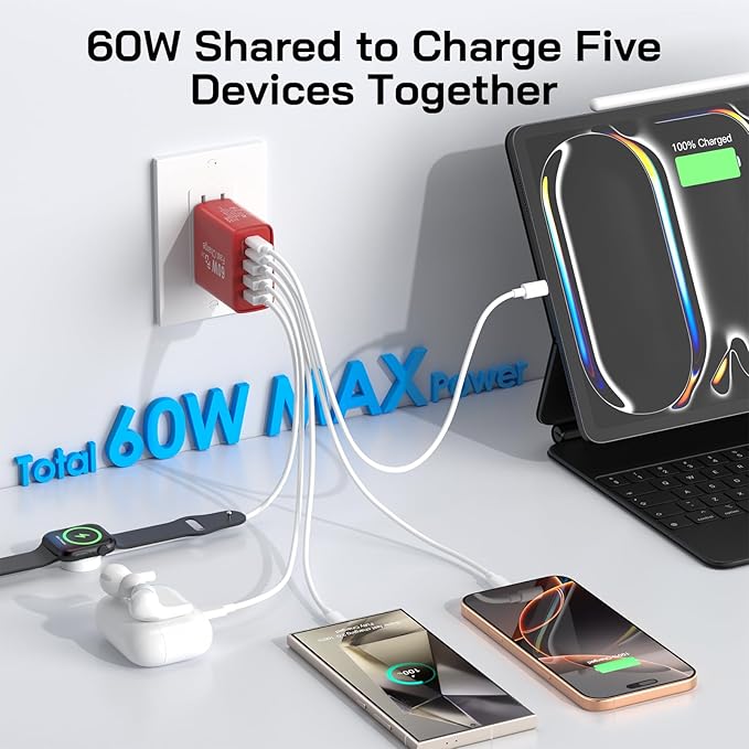 2Pack USB C Fast Charger Block, 60W 5-Port USB C Wall Charger 30W Type C Charging Block, 2USB C+3USB A PPS/PD 3.0 Multiport Charging Cube for iPhone 17 16 15 14 Pro Max,for Galaxy S25 S24 Ultra, i Pad