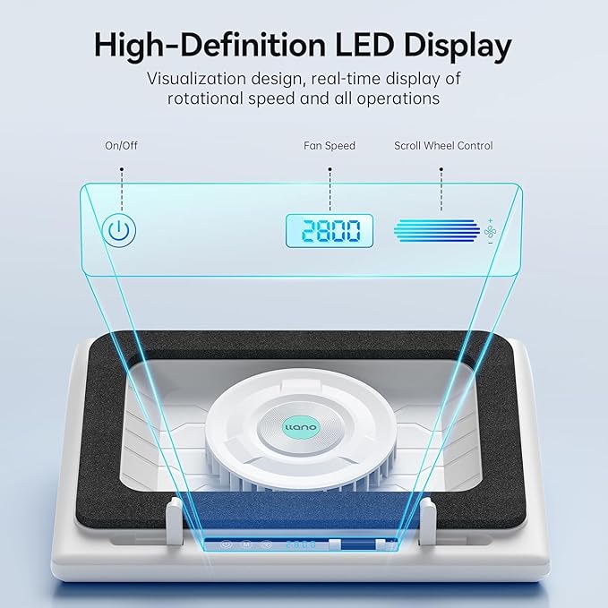 llano V12 Laptop Cooling Pad with 5.5" Turbofan – High-Speed Cooling for 15-19 Inch Gaming Laptops, Adjustable Speed & Touch Control, 3-Port USB Hub, with Mousepad, White (No RGB)