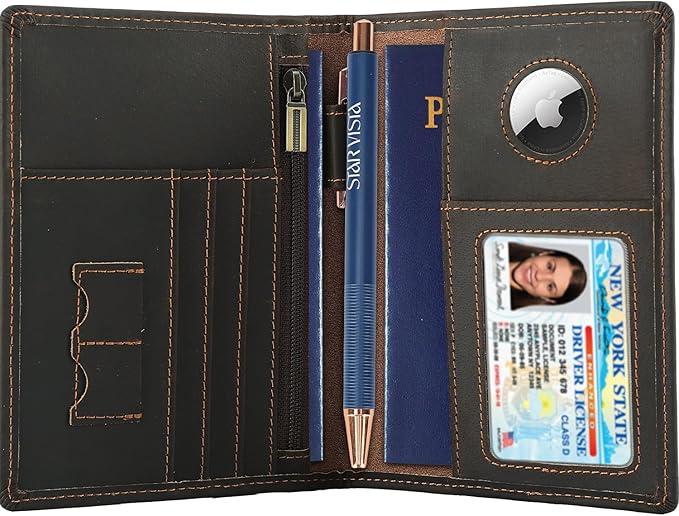 STAR VISTA Phoenix Leather Passport Holder, Cowhide Leather Travel Wallet - RFID Blocking, ID Window, Zipper Pocket, Pen & Notebook Included, AirTag Holder, Dark Chocolate