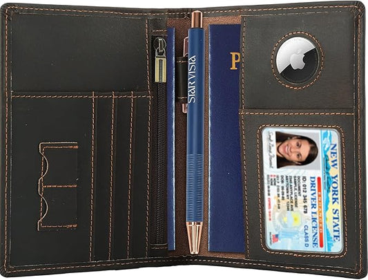 STAR VISTA Phoenix Leather Passport Holder, Cowhide Leather Travel Wallet - RFID Blocking, ID Window, Zipper Pocket, Pen & Notebook Included, AirTag Holder, Dark Chocolate
