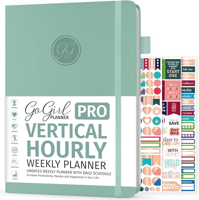 GoGirl Planner PRO Schedule - Undated Planner with Hourly Time Slots, Monthly, Weekly & Daily Organizer, Appointment Book for time Management, 7"x10" Hardcover, Lasts 1 Year - Mint Cream