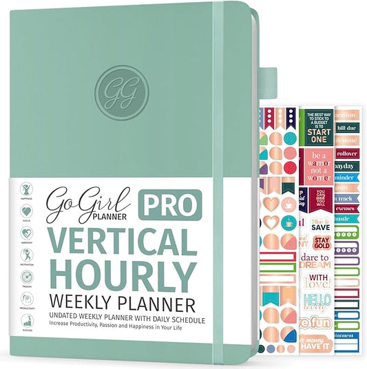 GoGirl Planner PRO Schedule - Undated Planner with Hourly Time Slots, Monthly, Weekly & Daily Organizer, Appointment Book for time Management, 7"x10" Hardcover, Lasts 1 Year - Mint Cream