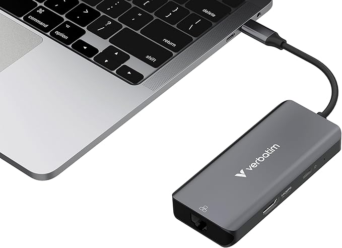 Verbatim USB-C Essentials Multiport Hub– 6 Ports: (3) USB-A 3.0/3.2 Gen 1, (1) USB-C 3.0/3.2 Gen 1, RJ45 Ethernet, 4K HDMI and Up to 100W Power Delivery