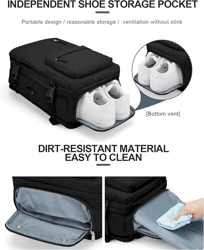 VECAVE Travel Carry on Laptop Backpack for Women Men, Flight Approved Backpack, Waterproof Sports College bag Casual Daypack for Weekender Business Hiking with Shoe Compartment black