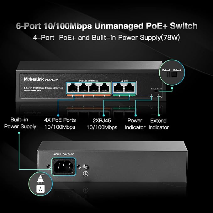 MokerLink 6 Port PoE Switch with 4 Ports PoE+, 2 Fast Ethernet Uplink, 10/100Mbps, 78W High Power, Support IEEE802.3af/at, Fanless Metal Plug & Play PoE+ Network Switch