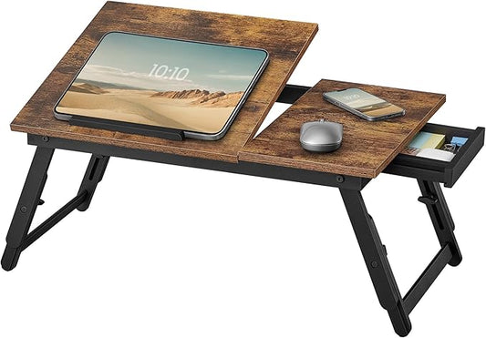 SONGMICS Bed Laptop Desk, Folding Bed Tray for Laptop up to 15.6 Inches, Adjustable Angle and Height, Portable for Working Reading Writing Breakfast, Bamboo Legs, Drawer, Rustic Brown ULLD105B01