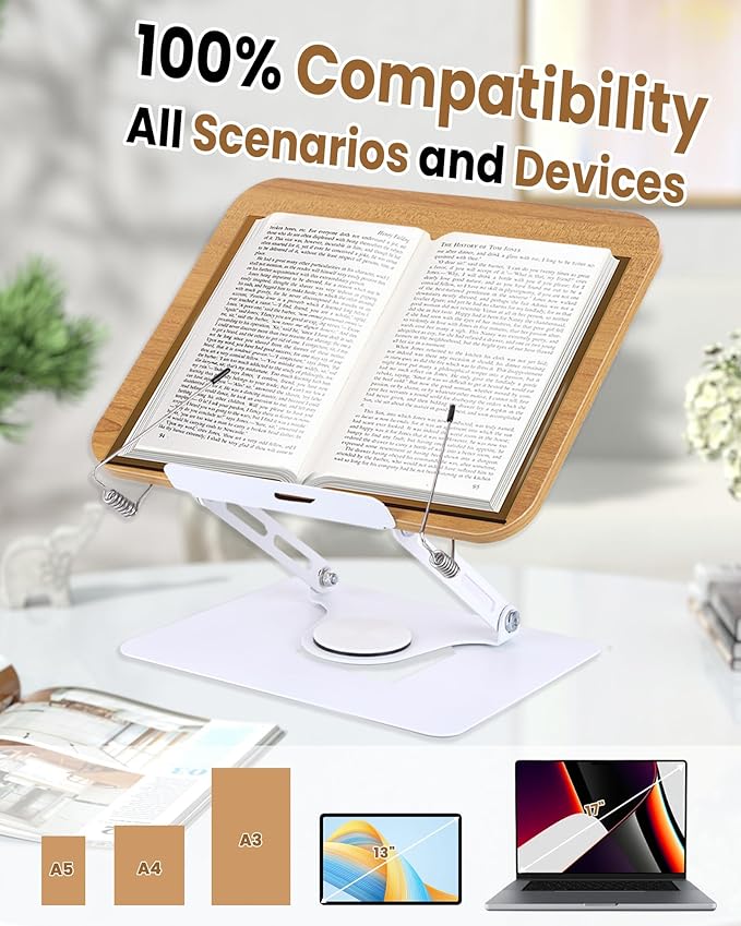 ASIEIT Book Stand for Reading, Adjustable Book Holder with 360° Rotating Base & Elastic Page Clips, Foldable Cookbook Stand, Portable Display Stand for Bible, Recipe, Magazine, Tablet, Laptop, Natural