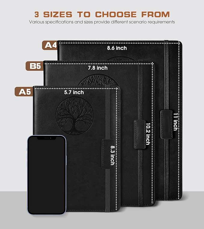 Lined Journal Notebook for Women Men,256 Pages A4 Large Hardcover Leather Journals for Writing,Travel,Business,Work,School,College Ruled Notebooks for Note Taking,Diary Notepad 8.6"×11" (Black)