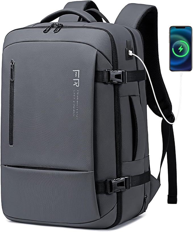 17.3 Inch Travel Laptop Backpack for Men, Water Resistant Carry On Backpack with USB Port, Expandable Computer Daypack, Grey Business Backpack for College/Work