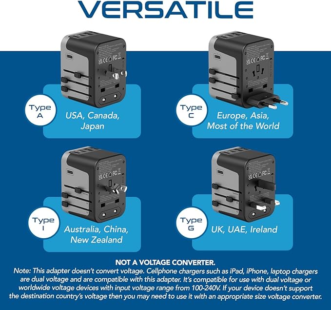 Universal Travel Power Adapter, Ceptics 6 in 1 Worldwide International Wall Charger with 2X USB-A - 3X USB-C 6A, Travel Power Adapter for for USA EU UK AUS Mobiles Laptops Cameras, UP-30KU-BL