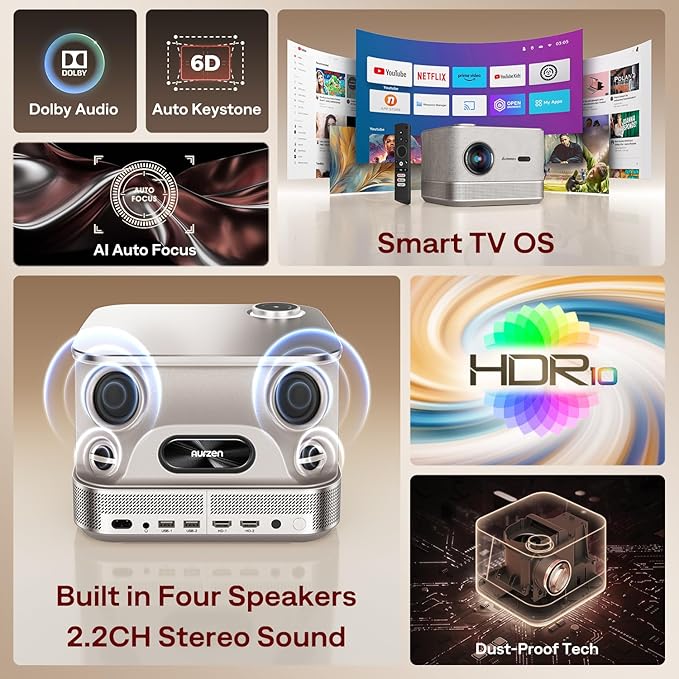 3-in-1 Outdoor Projector 4K Supported, AURZEN BOOM 3 Smart Projector with WiFi and Bluetooth, 3D DoIby Audio & 36W Speakers, Auto Focus & Keystone, Netflix Official 500 ANSI Home proyector, Gold
