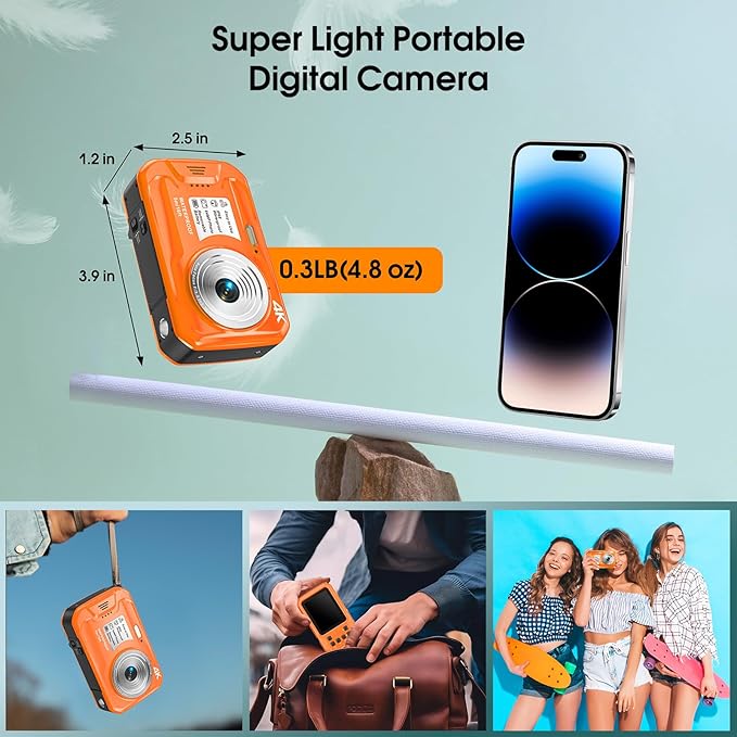 4K Underwater Camera, 64MP 16FT Waterproof Digital Camera with 32GB Card, Autofocus Floatable Waterproof Camera with IPS HD Screen, 16X Digital Zoom, Fill Light, for Snorkeling, Surfing, Orange