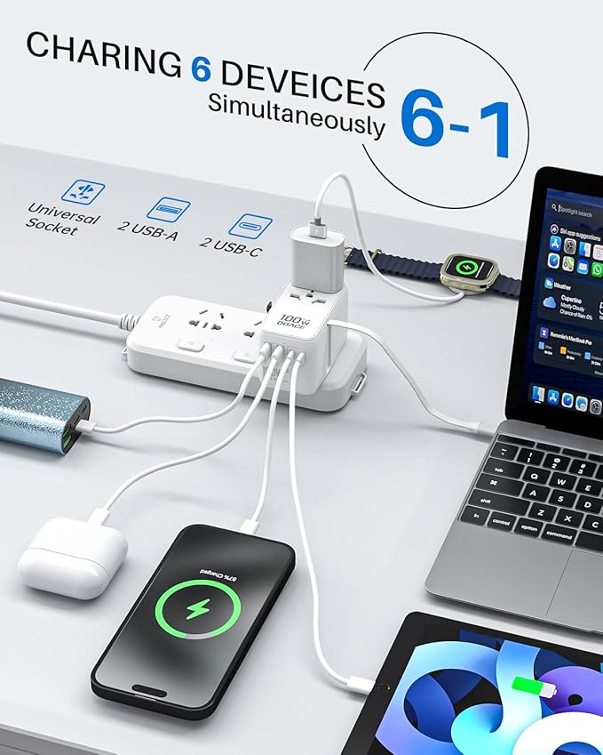 DOACE Universal Travel Adapter, 100W GaN 3.0 International Power Adapter with Built-in USB-C Cable, 6 in 1 Travel Adapter with 5 USB Ports, Plug Adapter Worldwide for EU/UK/USA/AUS(White)