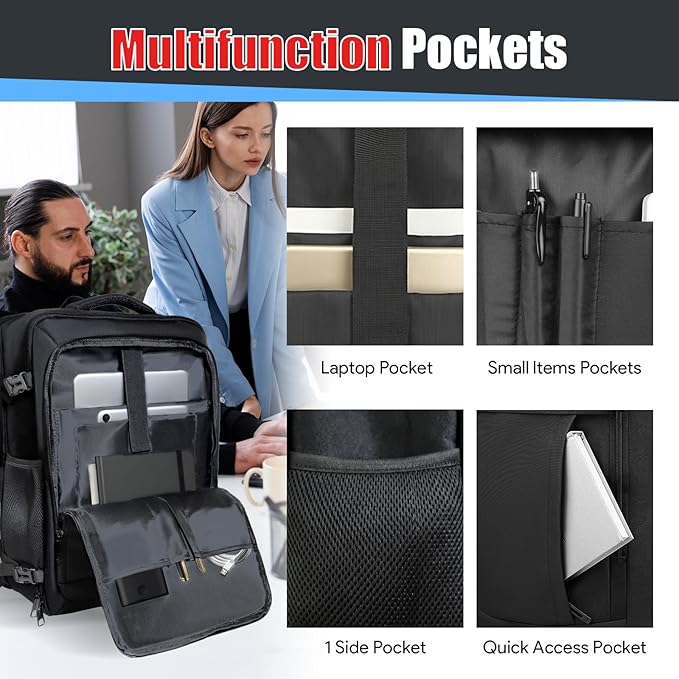 Travel Backpack, Expandable 50L Carry On Backpack, Extra Large Anti-Theft TSA Flight Approved Large Weekender Daypack Bag for Men and Women, Waterproof Pocket Lightweight Travel Gifts for Men, Black