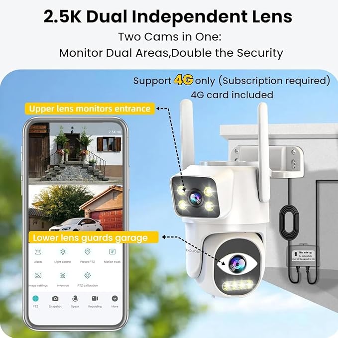 Dual-Lens 4G Cameras for Home Security, Pan/Tilt Smart Security Camera-Outdoor/Indoor, Color Night Vision,Motion Tracking,24/7 Recording,2-Way Audio & Siren,IP65,SD/Cloud Storage