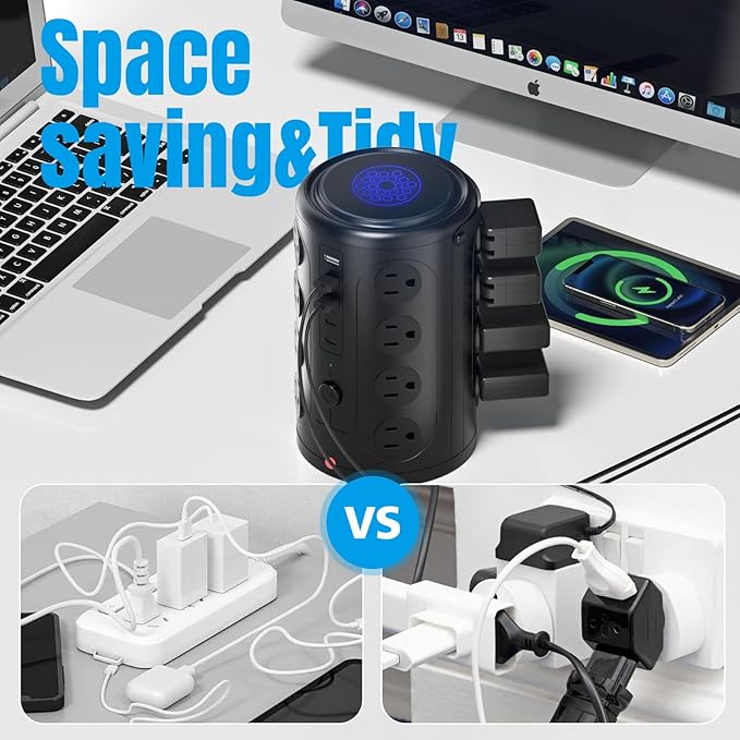 Power Strip Tower Surge Protector with 16 Outlets and 5 USB Ports (2 USB-C), 20FT Extension Cord with Multiple Outlets,Heavy Duty Charging Station,Home Office Dorm Room Essentials.No Wireless Charging