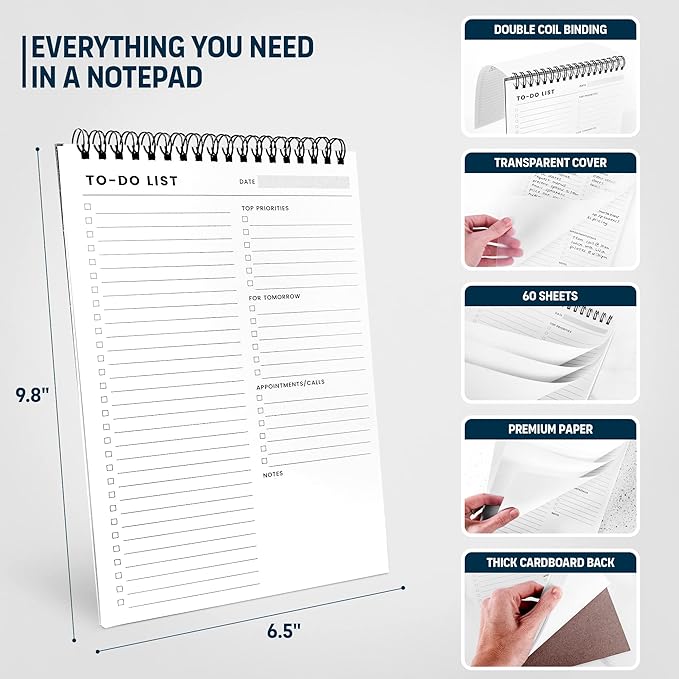 To Do List Notepad 3 Pack: Has Multiple Functional Sections - 6.5 x 9.8" 60 Sheets - Spiral Daily Planner Notebook - Task Checklist Organizer Agenda Pad for Work, Note and Todo Organization
