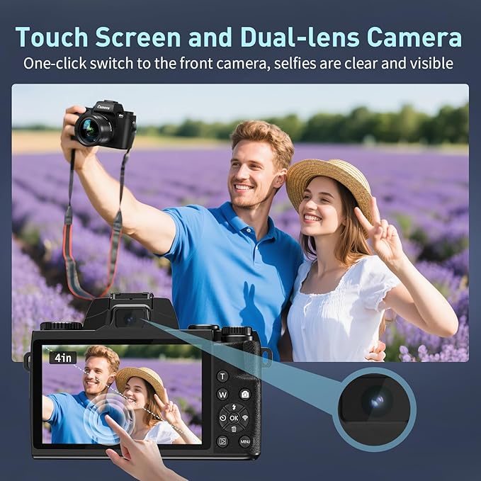 8K Digital Camera for Photography, WiFi & Dual-Lens Vlogging Camera for YouTube with 4" Touch Screen, 64MP Vlog Cameras 16X Digital Zoom with 3000mAh Battery, 32GB TF Card & Lens Hood(Black)