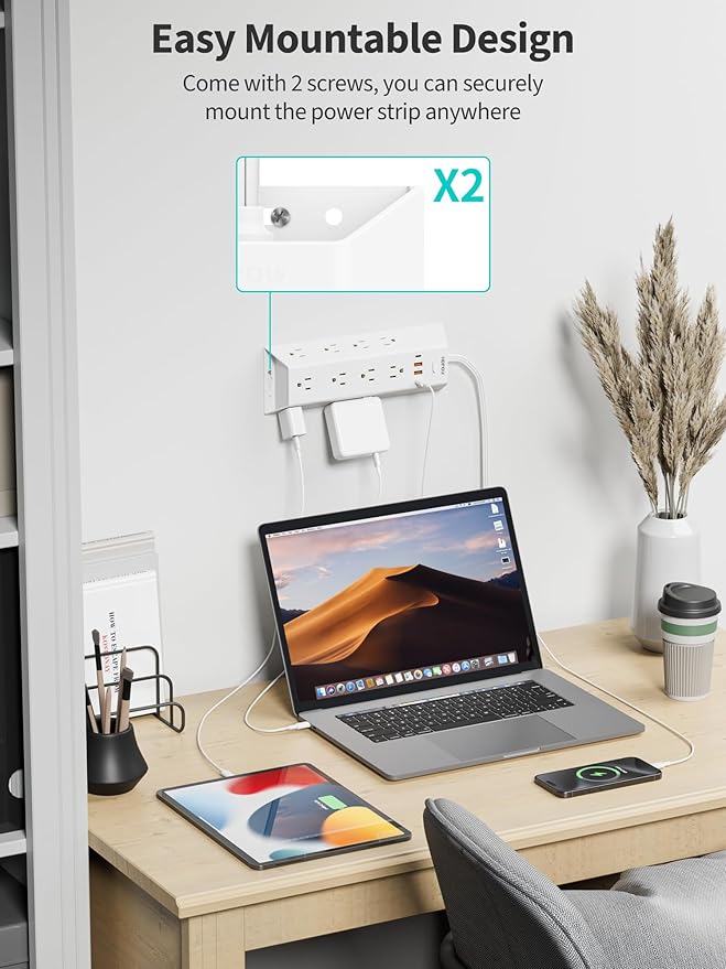 10FT Surge Protector Power Strip, HOPOW Long Extension Cord with 12 Widely AC Outlets 4 USB (2-USB C), Flat Plug, Wall Mount Power Strip, 1700 Joules Charging Station for Home Office, White