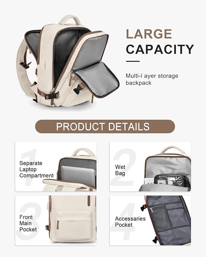 VECAVE Carry On Backpack for Women,Large Travel Backpack Flight Approved,Waterproof 15.6 Inch Laptop Backpack Business Work Backpacks Men Mochila De Viaje WhiteBrown