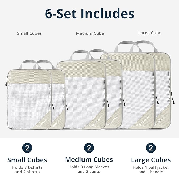 Compression Packing Cubes 6 Set, Compressible Space-Saving Packing Cubes for Travel - Compression Bags, Luggage Organizer, Travel Essentials for Women, Beige