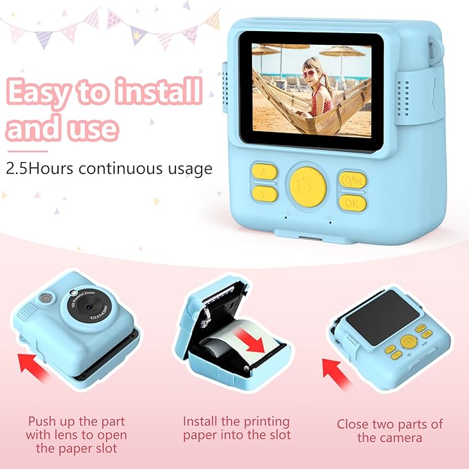 Instant Print Camera for Kids,Christmas Birthday Gifts for Age 3-12 Girls Boys，1080P HD Digital Video Cameras for Toddler,Kids Portable Toy with 3 Rolls Photo Paper，32GB Card-Blue