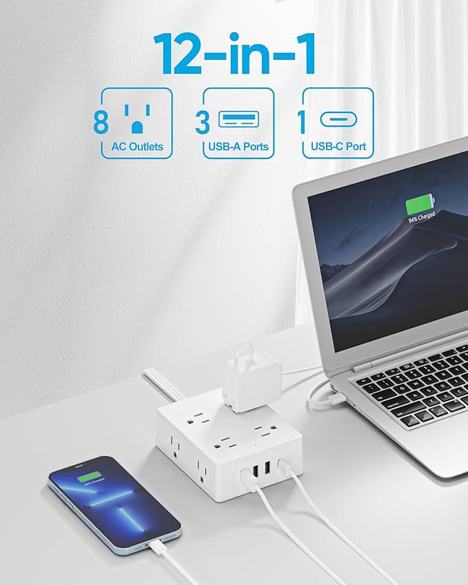 Surge Protector Power Strip, Olcorife Ultra Thin Flat Plug Extension Cord 5ft, 8 Outlets 4 USB Ports(1 USB C), Flat Wall Plug Outlet Extender, College Dorm Room Essentials, White