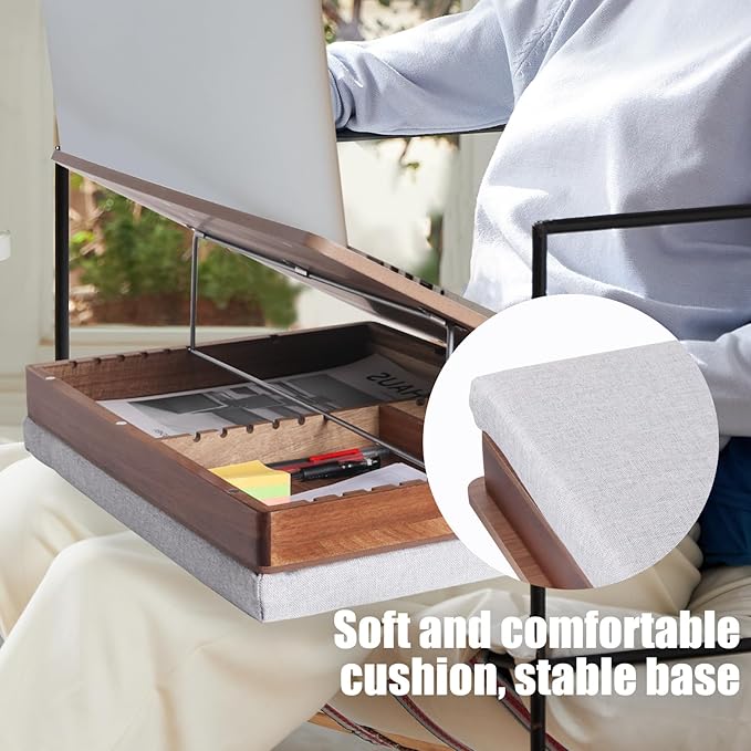 Easel Lap Desk for Adults, Acacia Wood Lap Desk for Laptop with Storage and Cushion, Height Adjusted Laptop Pad for Writing, Drawing, Laptop Work, and More, Fits up to 17.3 Inch Laptop