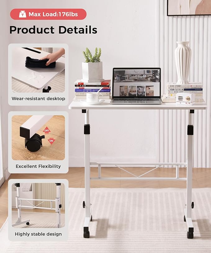 KLSMYHOKI Standing Desk Adjustable Height, Mobile Stand Up Desk with Wheels Small Computer Desk Rolling Desk, Portable Laptop Desk White Standing Table Home Office Desks 16"x31.5" Height 27"-43.5"