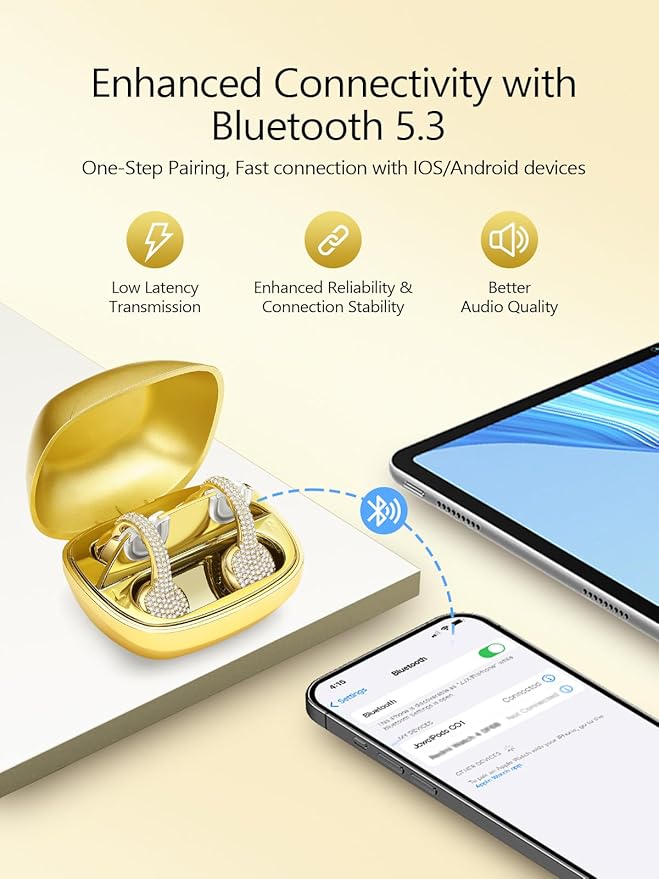 JewelPods C01 Wireless Earbuds,Open Ear Earbuds Jewelry-Inspired Designs Metal Clip-on,Excellent Spatial Audio,Sweat and Water Resistant,72H Play,Yellow Gold