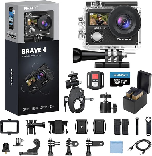 AKASO Brave 4 Action Camera 4K 30fps with 64GB MicroSD U3 Card Bicycle Helmet Accessories Kit Bundle, 20MP Ultra HD 131FT Waterproof Underwater Camera EIS WiFi Remote Control 5X Zoom Sport Cameras