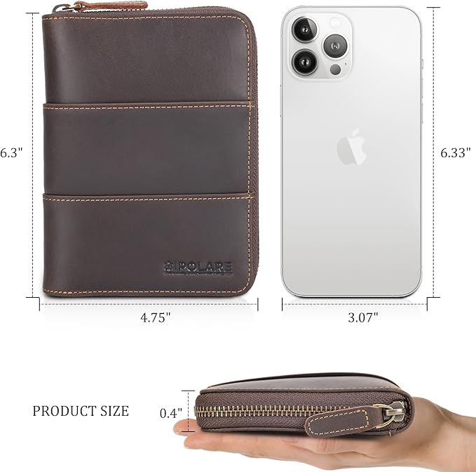 Polare Full Grain Leather Travel Passport Wallet with YKK Zipper and RFID Blocking Document Organizer Holder 2 Passports (Dark Brown with AirTag Slot)