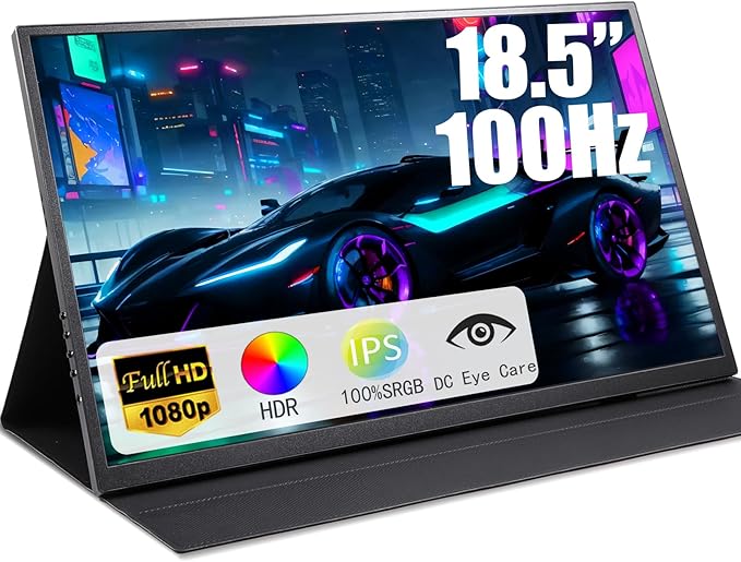 Portable Monitor, 1080P FHD 100Hz IPS Screen, 125% sRGB HDMI USB-C External Monitor for Laptop PC, Travel Second Display with Kickstand Case (18.5‘’)