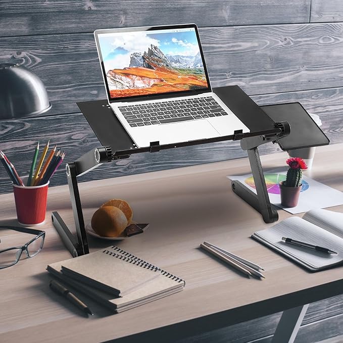 Adjustable Laptop Table Foldable Notebook Desk Laptop Riser Stand Aluminum Alloy Holder with Mouse Board Breakfast Snacking Tray for Home Office Travel