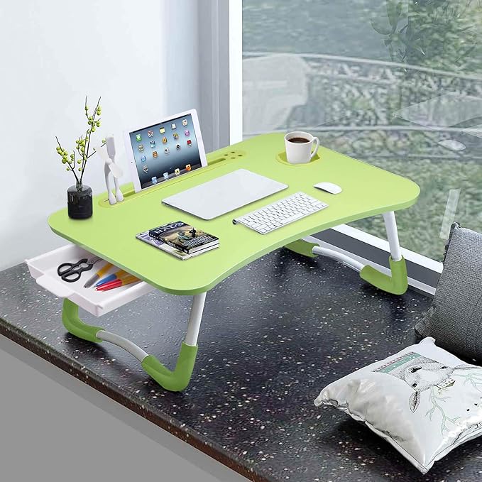 Slendor Lap Desk with Tablet Slot, Foldable Laptop Table with Storage Drawer for Bed，Portable Bed Desk for Laptop, Computer Tray with Cup Holder Notebook Stand Reading Holder for Couch Floor, Green