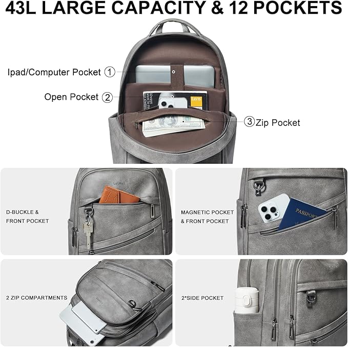 43L Backpack for Women Men - Vegan Leather Backpack Purse Travel Carry-on Bag College Bookbag Work fits 17" Laptop,DimGray