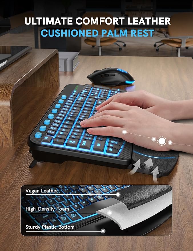SABLUTE Ergonomic Wireless Keyboard and Mouse Combo - Wave Keyboard with Soft Leather Wrist Rest, Resistant Keys, RGB Backlit Rechargeable Set for PC/Mac/Chromebook (Black and Blue)