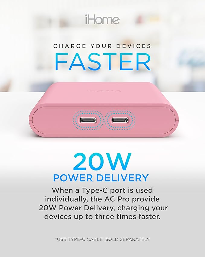 iHome Multiport 40W USB-C Charger, AC Pro 2-Port Flat Block, Dual Fast Charging Wall Adapter