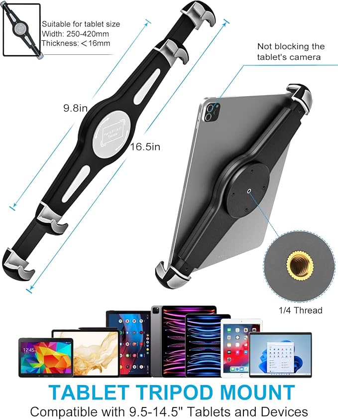 Car Seat Rail Tablet Mount for Truck, Aluminum Gooseneck Car Floor Bolt Tablet Holder Camera Clamp with 1/4'' Screw Adapter for Taxi, Van, Vehicle, Semi, SUV for iPad Pro/Air, Tabs, Gopro (9.5-14.5”)