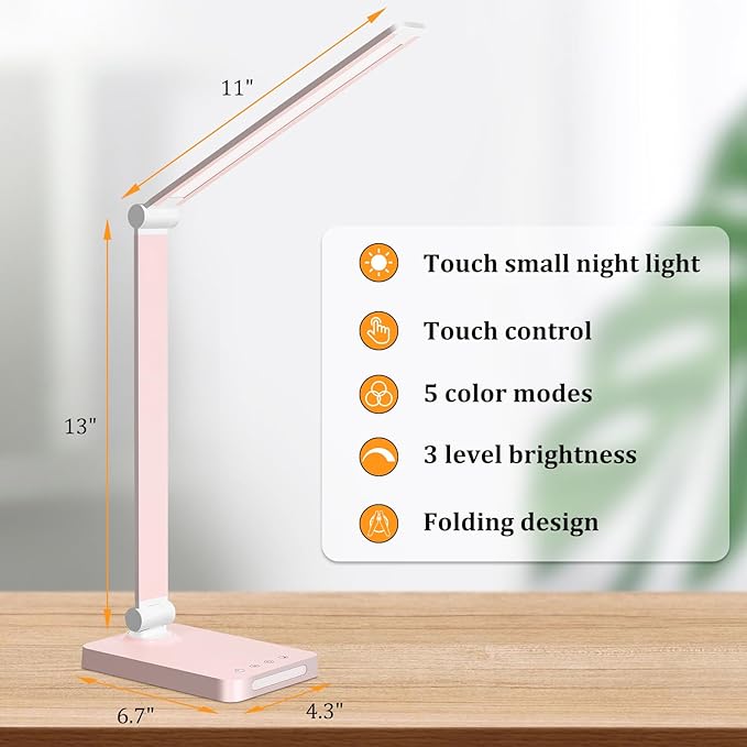LED Desk Lamp with USB Ports,Touch Desk Lamps for Home Office with 5 Color Modes,3 Brightness Desk Light with Small Night Light,Reading Lamp Table Lamp for Bedroom Bedside Study Pink （with adapter）