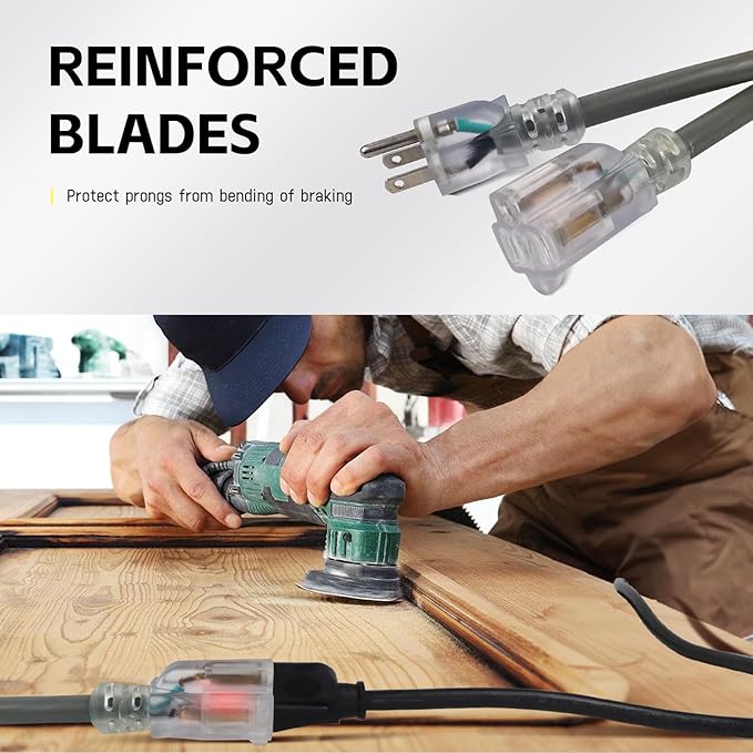 EP 2 Pack 25 Ft Lighted Outdoor Extension Cord - 12/3 SJTW Heavy Duty Grey Extension Cable with 3 Prong Grounded Plug - Power Cord for Lawn, Garden, Appliances