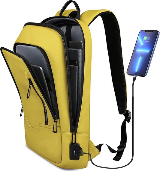 hk Backpack for Men Business Slim Backpack with USB Charger Computer Lightweight Anti-theft Travel Backpacks 15.6 inch Water Resistant Laptop Bag for Work Office College-Lemon Yellow