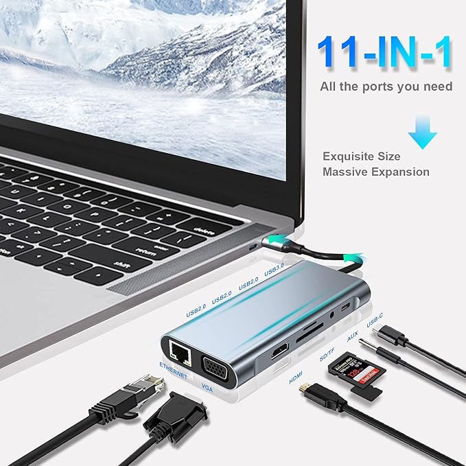 USB C HUB, USB C Adapter 11 in 1 Dongle with 4K HDMI, VGA, Type C PD, USB3.0, RJ45 Ethernet, SD/TF Card Reader, 3.5mm AUX, Docking Station Compatible with MacBook Pro/Air, Other Type C Laptops