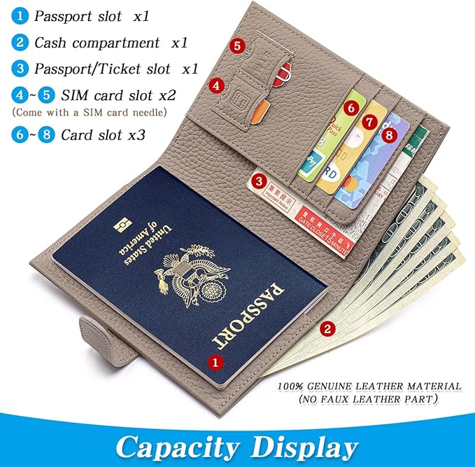Passport Holder for Travel Women RFID Blocking Genuine Leather Passport Wallet with Card Slots, Zipper Coins Pocket, Cash Holder, Grey