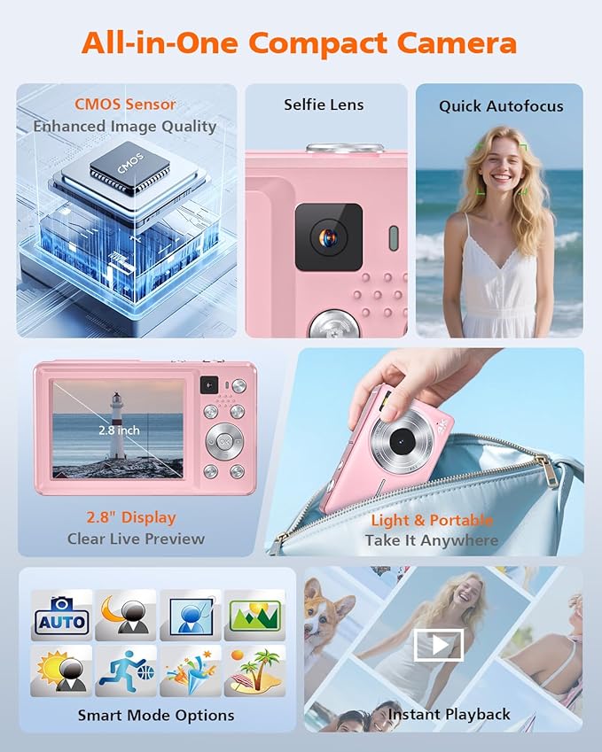 4K Digital Camera, 64MP Autofocus Vlogging Camera with Front Rear Lens, 32GB Card, Flash, 16X Zoom, Anti-Shake, Point Shoot Camera for YouTube Travel Teens Adult Beginner Photography(Pink)