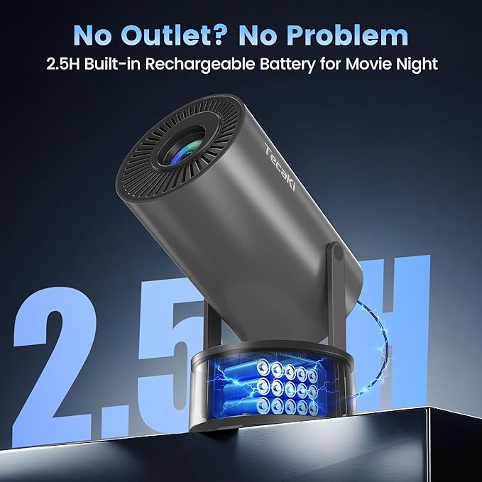 Portabler Projector with Built-in Battery, Outdoor Movie Projector for Camping, Backyard, Bedroom, Mini Projector with WIFI and Bluetooth, 180° Rotatable Stand, Auto Keystone, Electric Focus