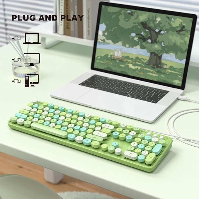 Colorful Computer Keyboards Wired, USB Plug and Play Full Size Typewriter Keyboard, Cute Aesthetic Keyboard with Foldable Stands for Windows PC Laptop (Green)