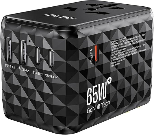 LENCENT 65W GaN International Travel Adapter with 2 USB-A & 3 Type C Ports, Fast Charger for Phones & Laptops, Worldwide Plug Adapter for USA/UK/EU/AUS, Black