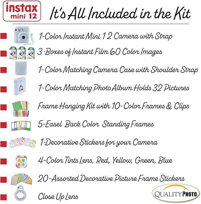 Fujifilm Instax Mini 12 Instant Camera + 60 Photo Prints + Quality Photo Value Bundle, Case, Decoration Stickers, Frames, Photo Album, (Pastel Blue)